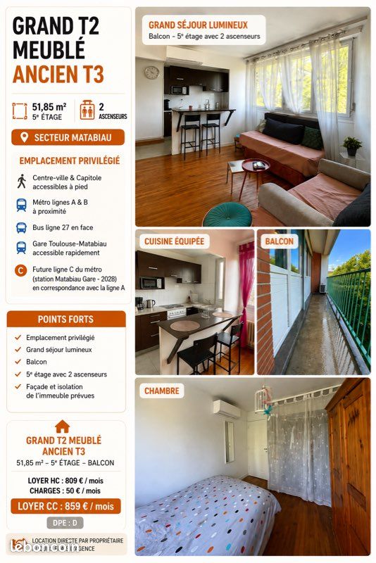 Appartement 2 pièces 52 m² · à Toulouse · 51,9 m² · 809 €
