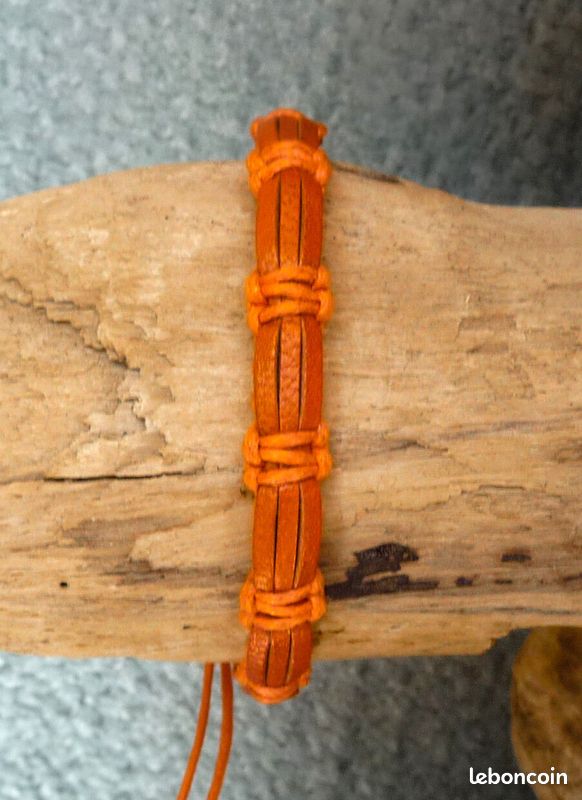 Bracelet réglable unisexe en cuir véritable orange et coton orange (image 2)
