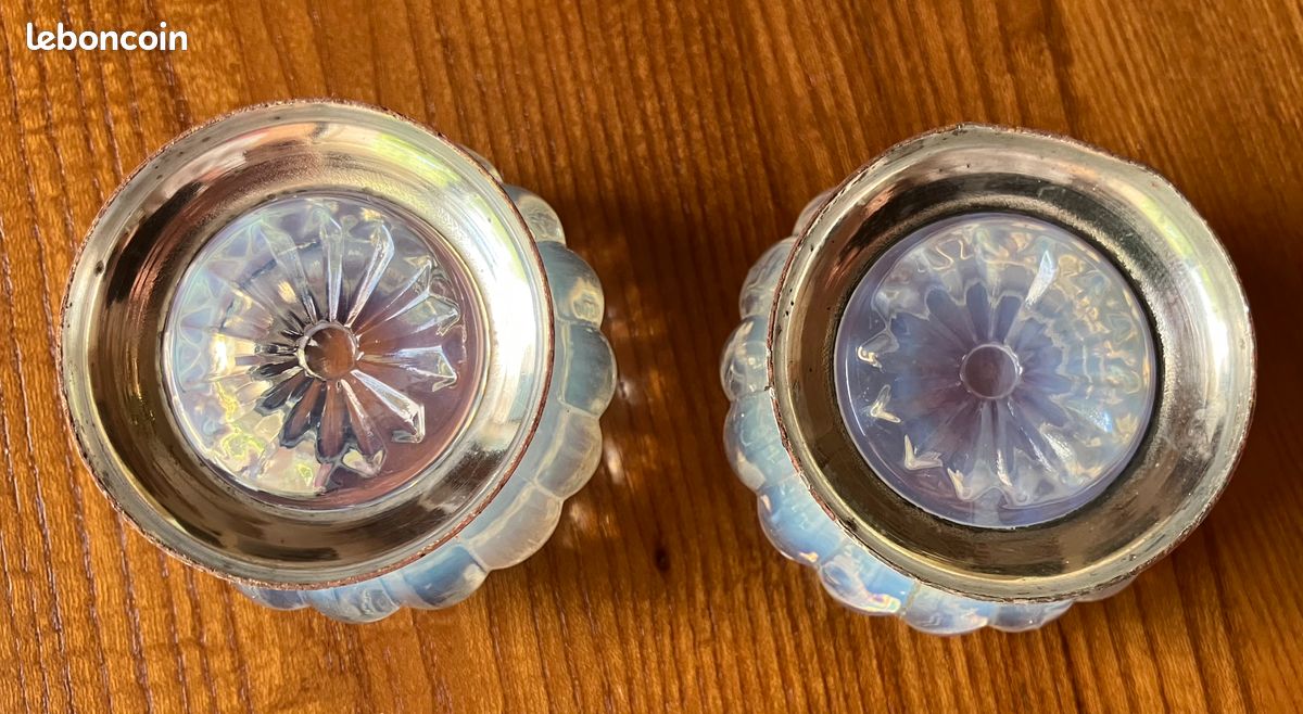 Paire de salières art déco verre opalescent bleu & métal argenté + cuillères Christofle (image 7)