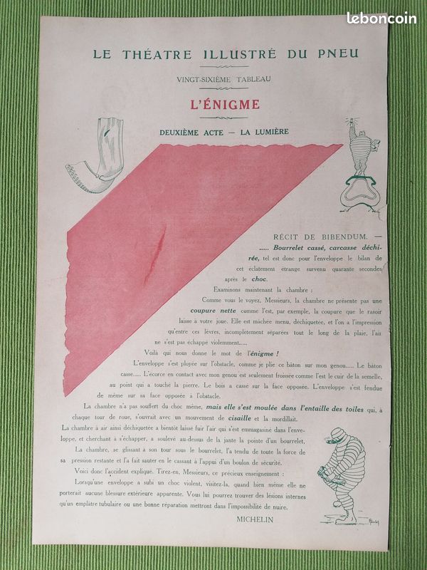 Page d'Art Publicitaire : "L'énigme - 2e Acte - La lumière" - Michelin 1911 par O'Galop sur papier. Bibendum, Campagne publicitaire "Théâtre illustré du pneu" (26e Tableau - 1ere Série). 190 x 280 mm (image 1)
