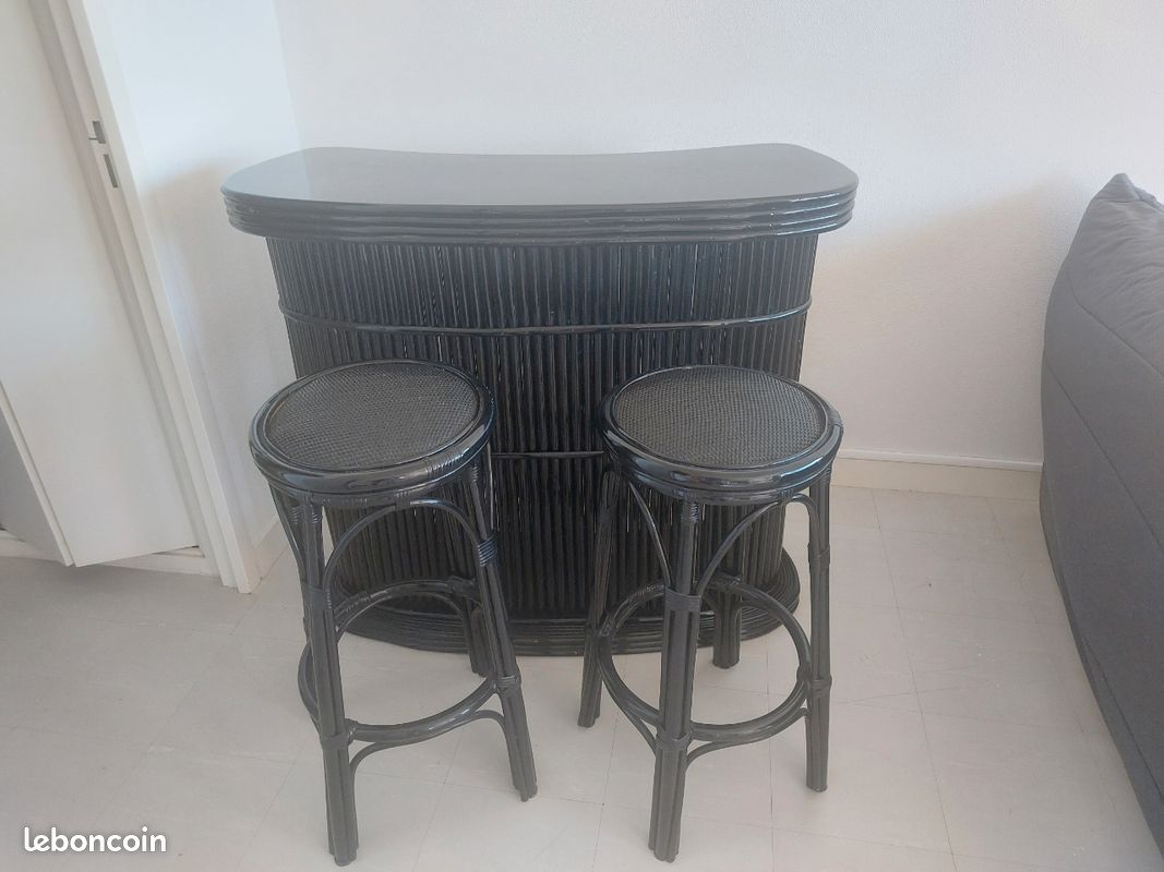 Bar rotin laqué noir et 2 tabourets (image 5)