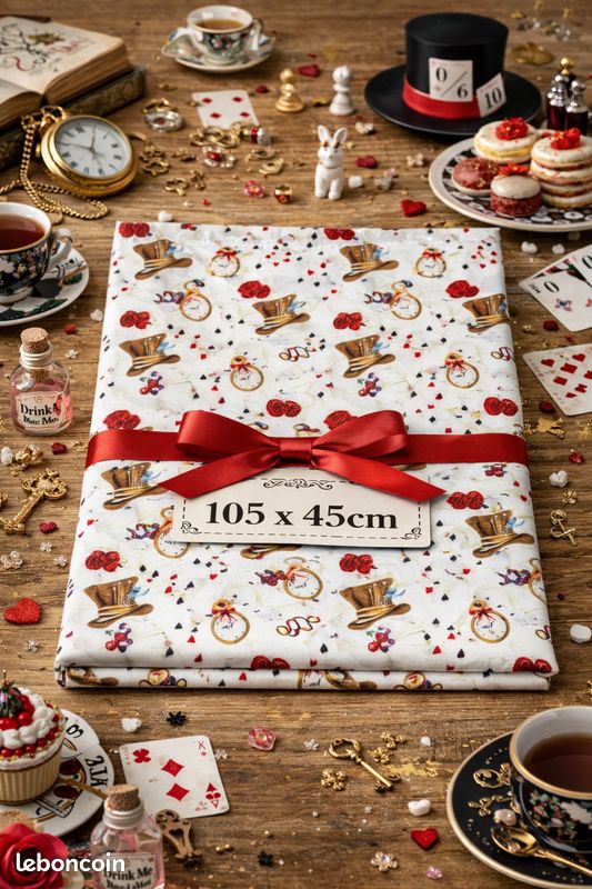 Tissu Alice au Pays des Merveilles Mad Hatter chapeaux horloges crème rouge 105x45cm (image 1)