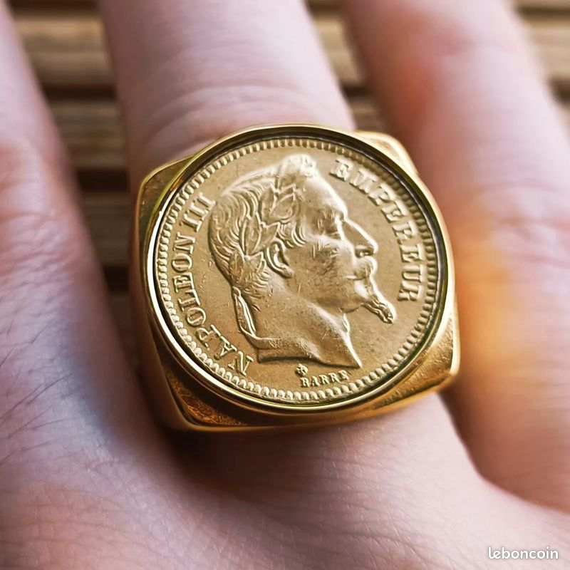 Bague Chevalière Carré 20 Francs Napoléon III en Acier Inoxydable