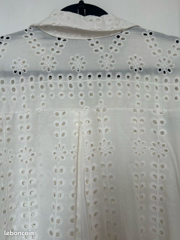 Chemise longue coupe liquette -blanc cassé - coton, broderies anglaises, sequins - TU jusqu’au 52 - neuve (image 9)