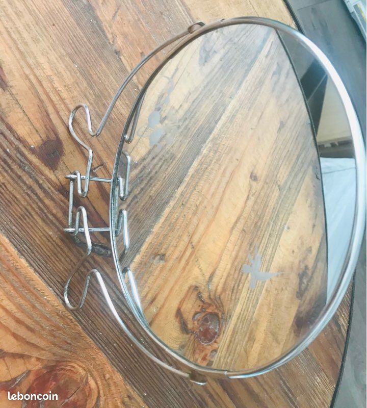 Miroir barbier rond vintage à poser, décor asiatique au verso (image 4)