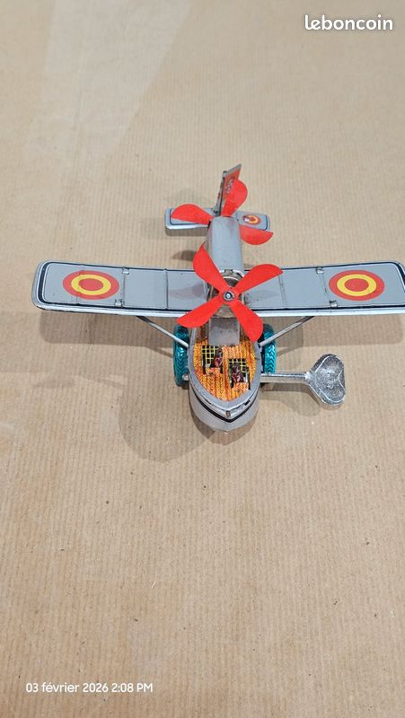 Ancien Jouet Mécanique en Tôle Avion F-513 dans l'état
