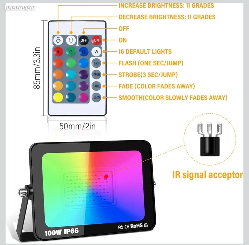 Projecteur Led Extérieur De Sécurité, 100W Rgb Changeant De Couleur Avec Télécommande Ip66
