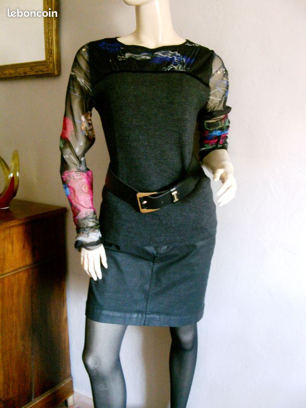Pull CARLOPIK bi matière - Jersey anthracite (laine mélangée) + tissu imprimé transparent multicolore - T 40 / 42 - EXCELLENT ETAT (image 8)