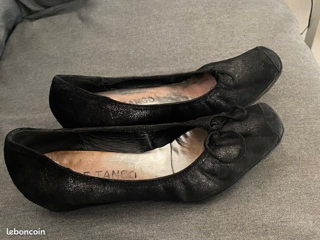Chaussures femme ballerines à petit talon compensé noires Rose tango T 40 cuir noir légèrement pailleté (image 3)