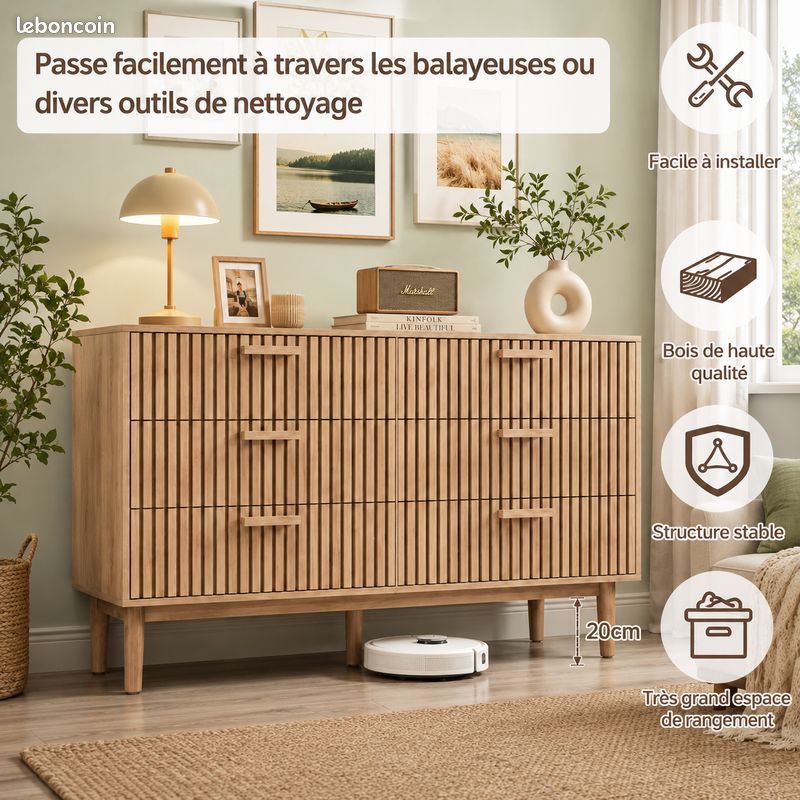 Armoire salon pièce maitresse 6 tiroirs bois rainuré meuble design (image 5)