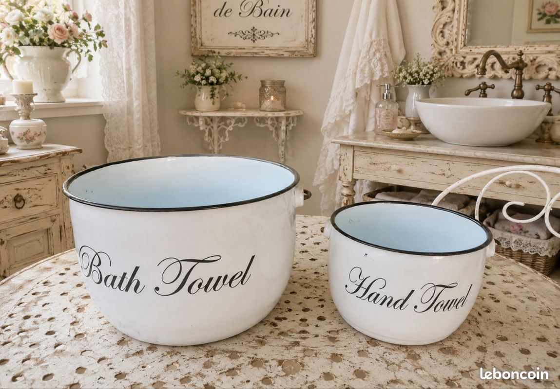 2 bassines en émail vintage anglaise shabby chic pour les serviettes de bain (image 1)