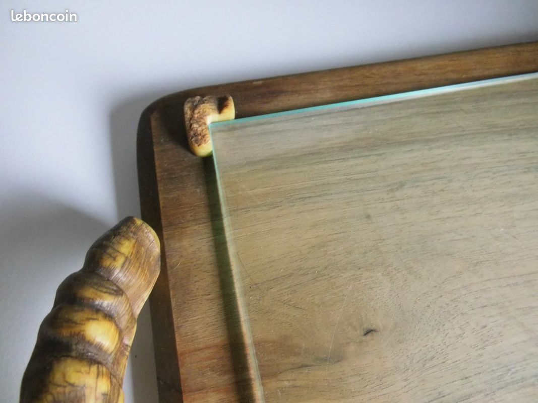 Plateau à fromage vintage Art Déco bois massif verre 26cm bistrot ancien 1950 (image 4)