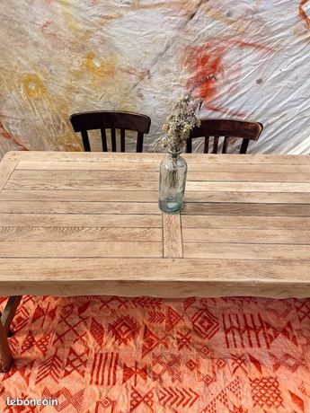 Table de ferme en chêne massif 260 x 100 cm avec 2 tiroirs dorés