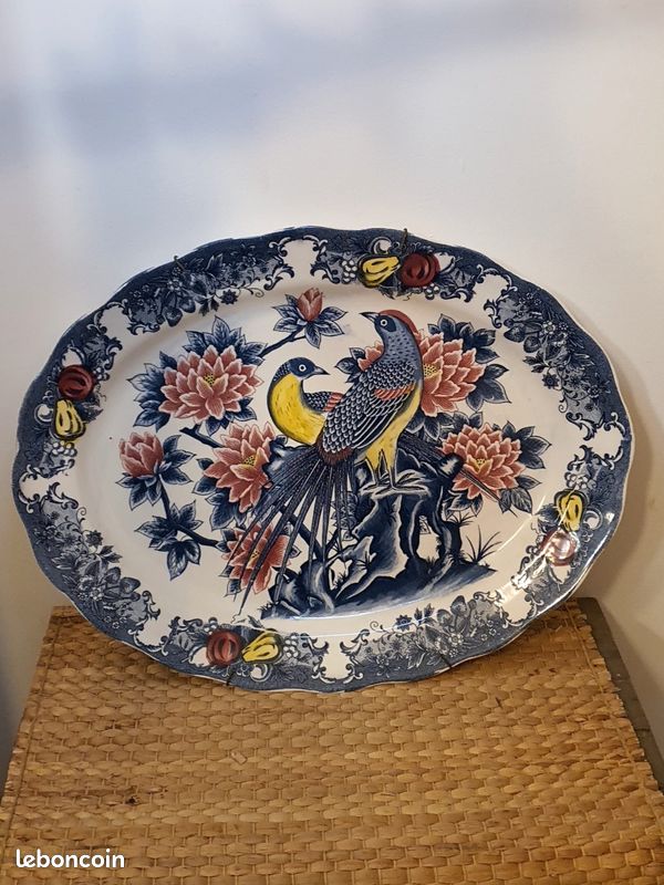 Grand plat ovale de service vintage - Décor oiseaux et fleurs - 47 cm (image 1)