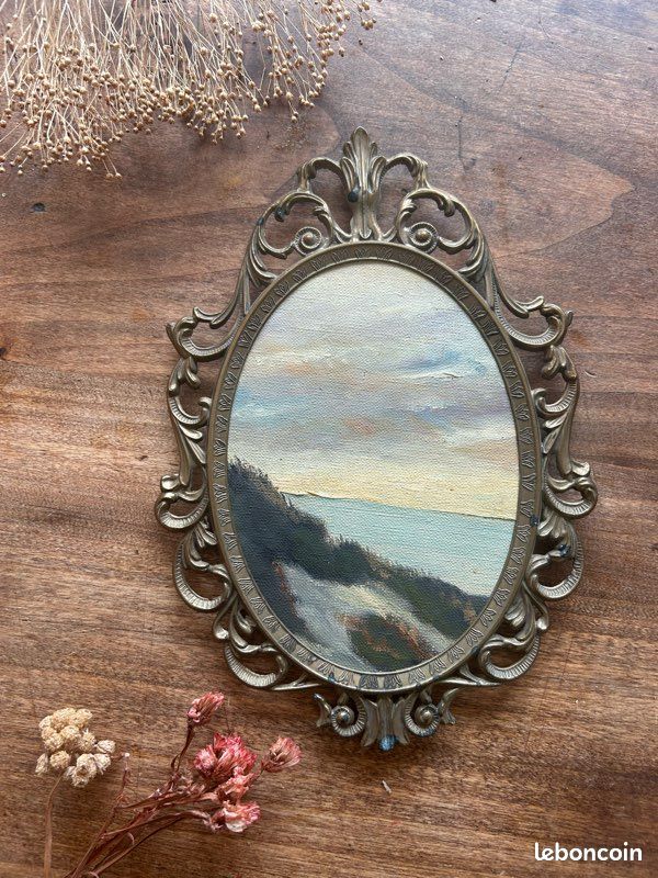 Magnifique cadre ovale ancien et peinture à l’huile – Ambiance bord de mer (image 2)