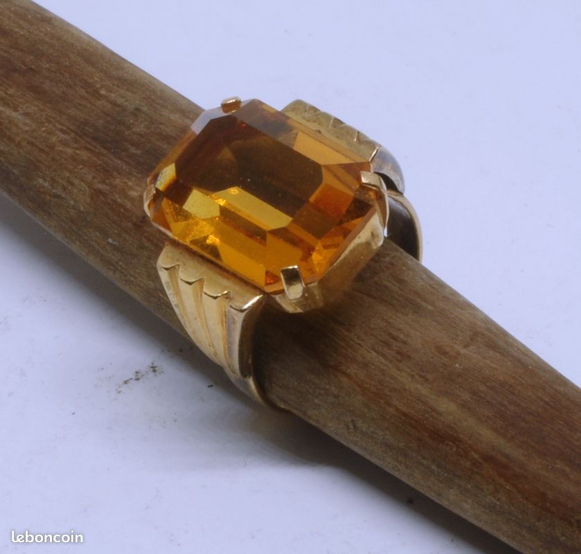 Bague Vintage En Métal Doré Or De Tolède Avec Citrine - Taille 61 - Signé X C T D ? - Occasion