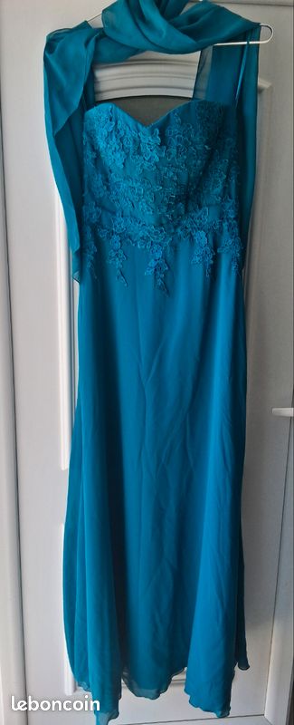 Robe de soirée JUJU & CHRISTINE Bleu Paon Dentelle + Châle - Taille M 38/40 (image 1)