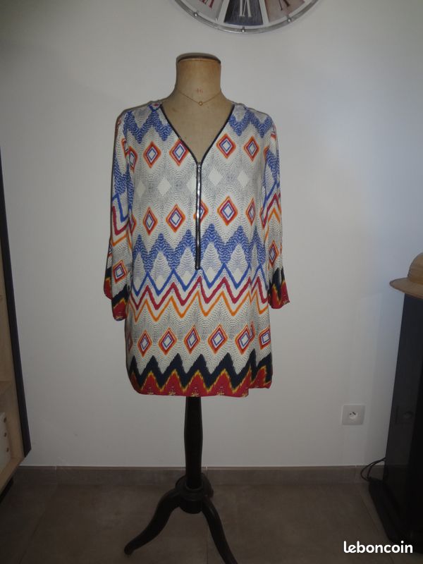 Xxxl 44 46 tunique haut fluide fermeture eclair v top chemise manches courtes ou longues haut / tun (image 2)