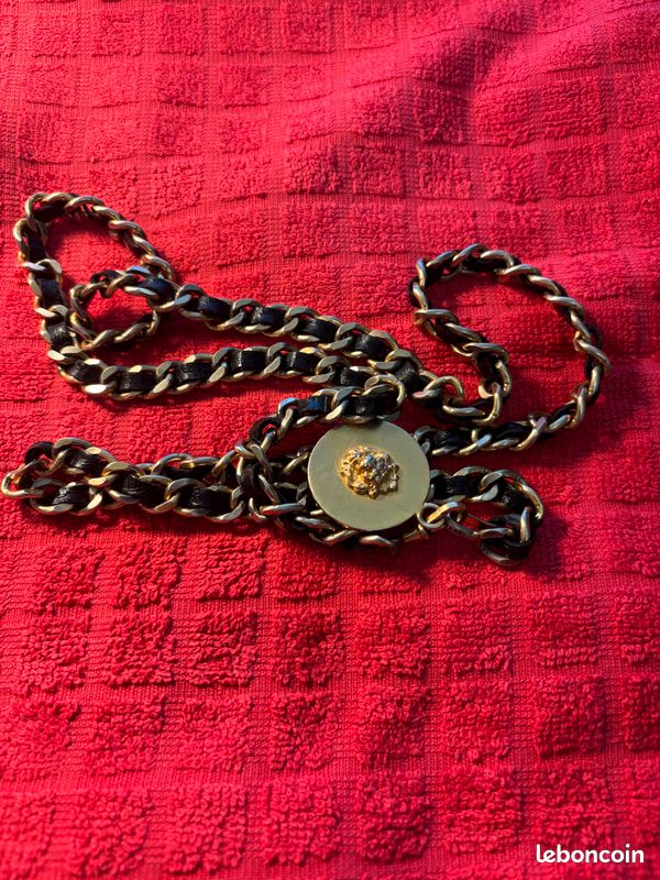 Ceinture vintage chaîne métal doré bande cuir noir (image 2)