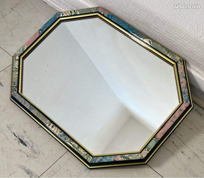 Miroir octogonal au joli décor fleuri + liseré doré, en bois, vintage et tendance (image 6)