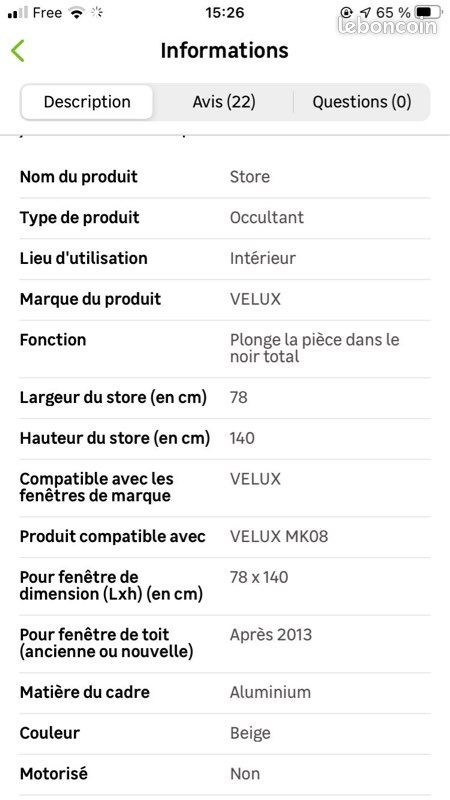 Store occultant VELUX beige (image 2)