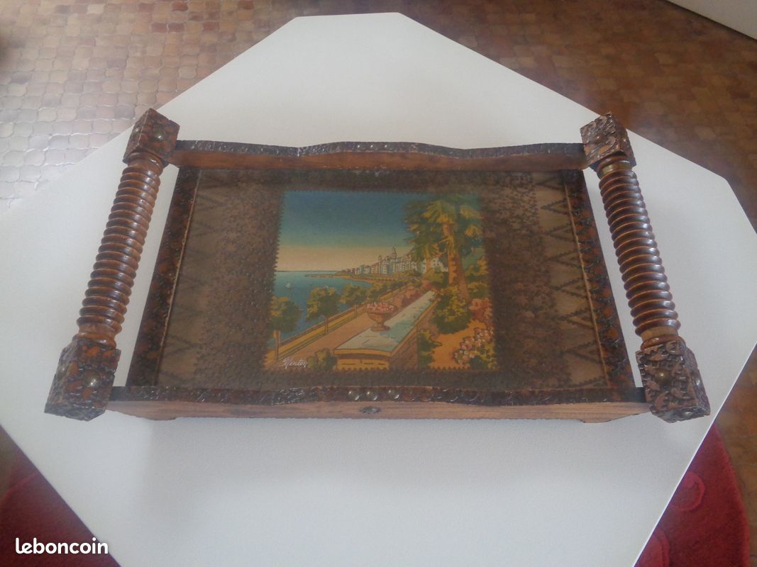 PETIT PLATEAU ANCIEN bois et verre Début 20e TBE EUR 10,00 - PicClick FR