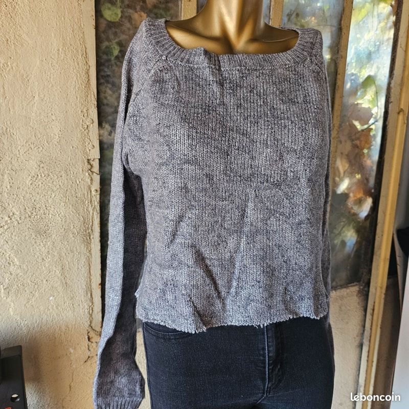 Pull Tunique Femme En Laine Phildar - Tricoté Main, Gris, Taille 38/40 - Comme Neuf