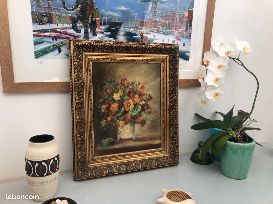 Tableau bouquet de fleurs nature morte peinture à l'huile signé "Lelesieur" (image 2)