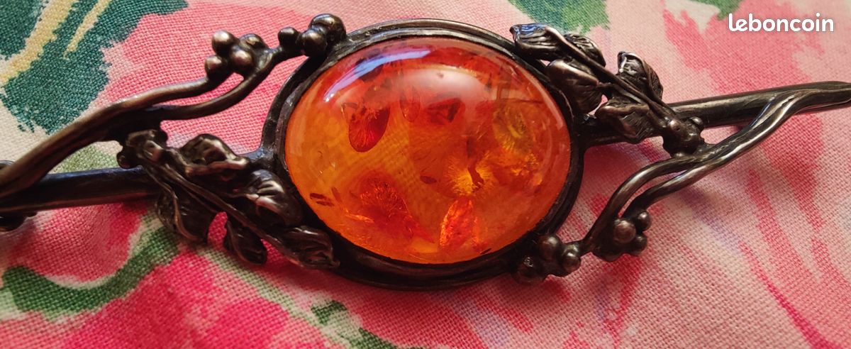 Broche Ancienne En Argent Massif Et Ambre - Bijou Vintage Occasion