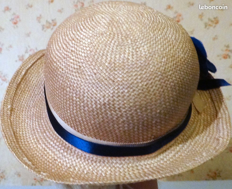 CHAPEAU EN PAILLE NATURELLE 1960 T. 53 cm avec RUBANS FLEUR EN TISSU BLEU mariage, été, défilé vintage, fabriqué en France (image 18)