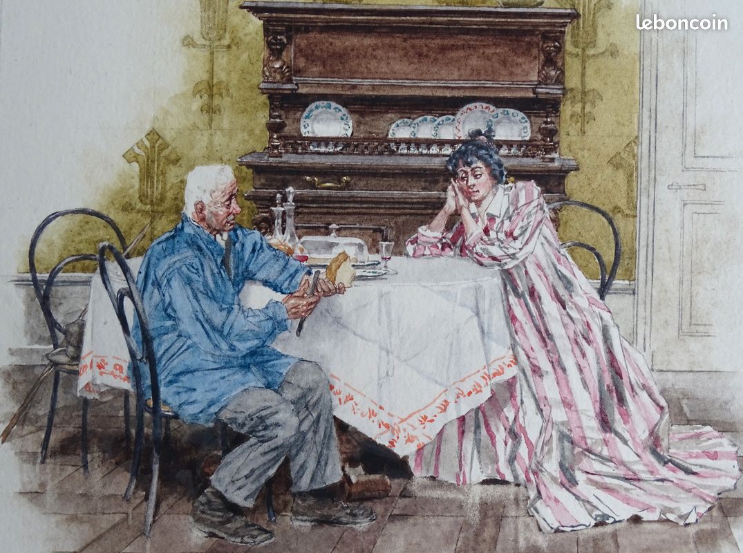 La Visite du Parent élégante Aquarelle originale 19e dessin ancien de 1895 John MENTA (image 1)