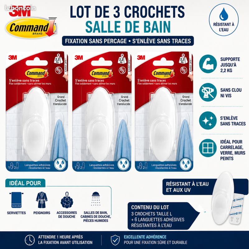 Lot de 3 Crochets Salle de Bain 3M Command L Blanc Adhésif Sans Perçage 2,2 kg - Neuf sous Emballage - ID N°133 (image 1)