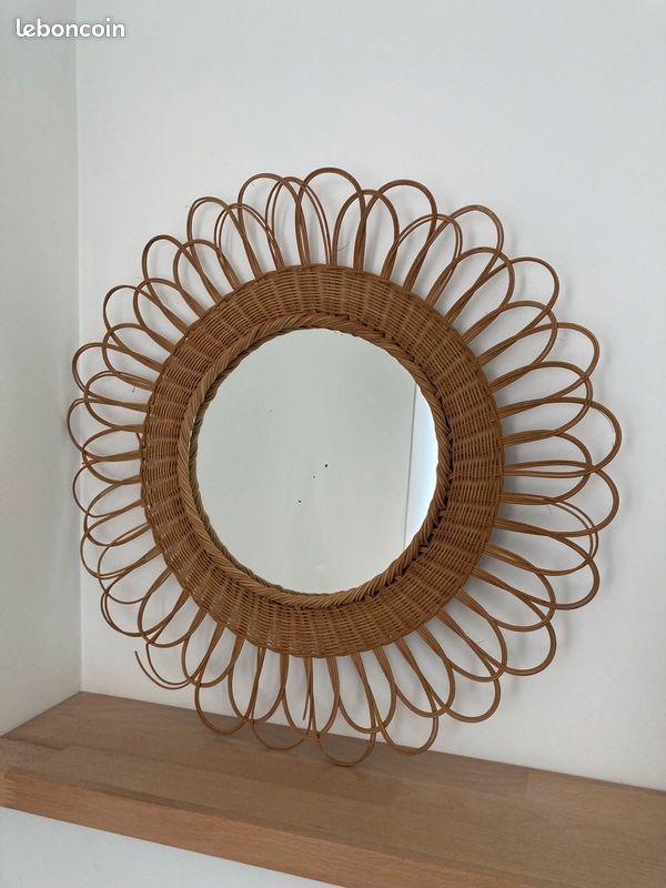 Miroir soleil fleur osier rotin vintage ancien (image 1)