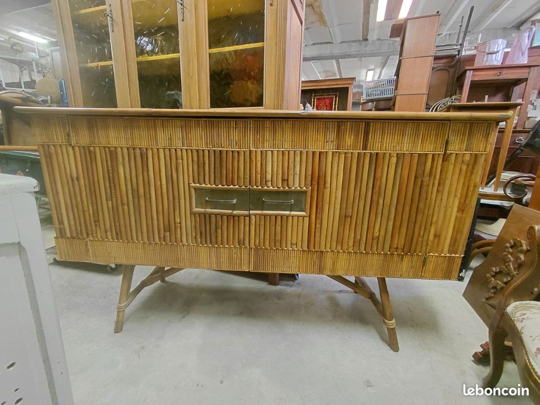 Enfilade vintage en bambou et laiton par Audoux Minet années 1960 (image 1)