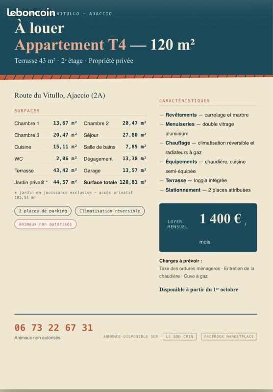 Appartement 4 pièces 120 m² · à Ajaccio · 120 m² · 1 400 €/mois