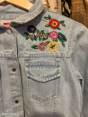 Veste en jean pour femme - Style bohème - Motifs floraux brodés