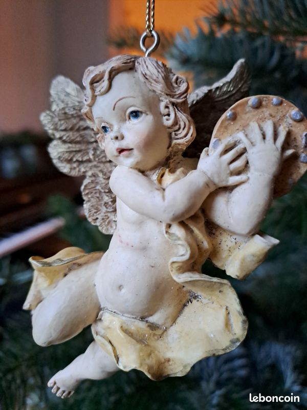 Décoration De Noël Ange Chérubin Musicien - Suspension Pour Sapin 28cm, Doré, Plastique Vintage