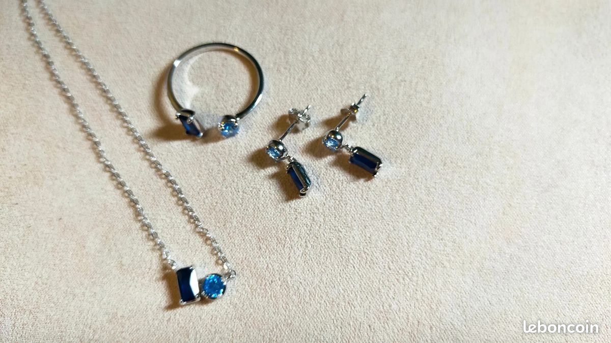 Collier Ancien En Argent 925 Avec Saphir Bleu Et Zirconiums - Bijou Vintage - Occasion Bon état