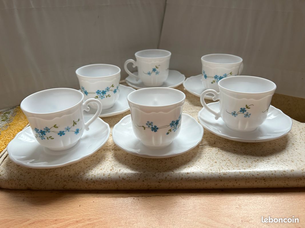 Lot De 6 Tasses à Café Arcopal – Evolution Pensées, Verre, 9cl, Made In France, Avec Soucoupes
