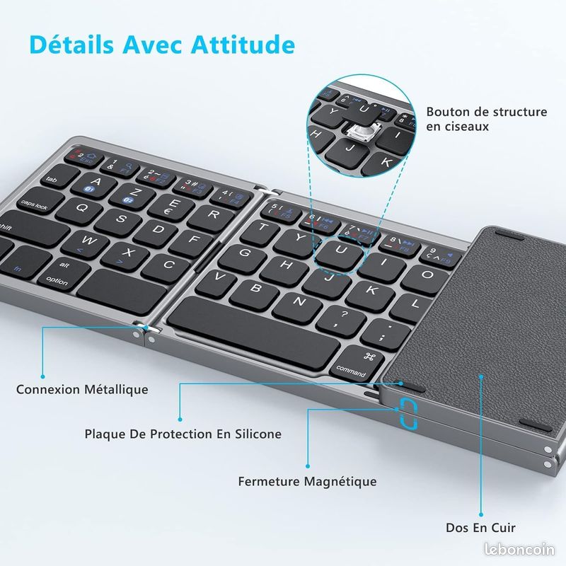 Clavier sans Fil avec pavé Tactile Sensible, Rechargeable, Portable et Pliable, Clavier Dual Bluetooth pour Ordinateur Portable/Tablette/iPad/Smart TV -Compatible Windows, iOS, Mac OS, Android - Gris (image 5)