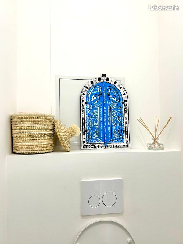 Panier de rangement marocain paille et laine blanc ronde 20cm (image 3)