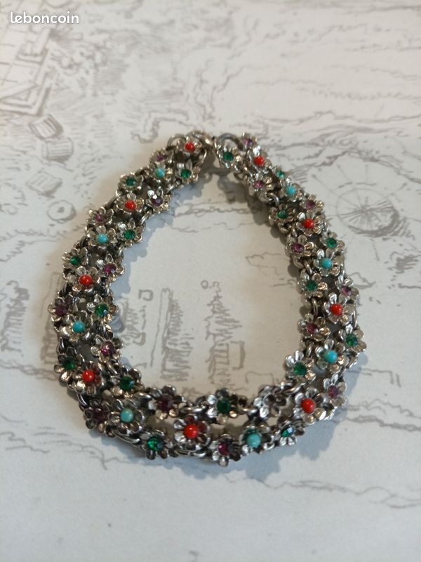 Bracelet Ancien Vintage Couleur Argent Avec Cristaux - Style Fantaisie - Bon état