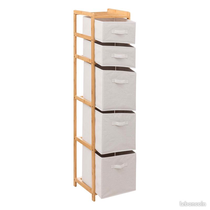 Meuble tiroirs colonne en bambou avec 5 paniers de rangement "TIDY BOX" (image 2)