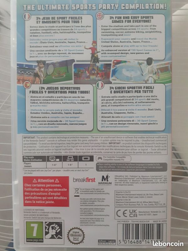 Jeu Nintendo Switch - 34 Sports Games - Occasion En Très Bon état - Cartouche Et Boîte