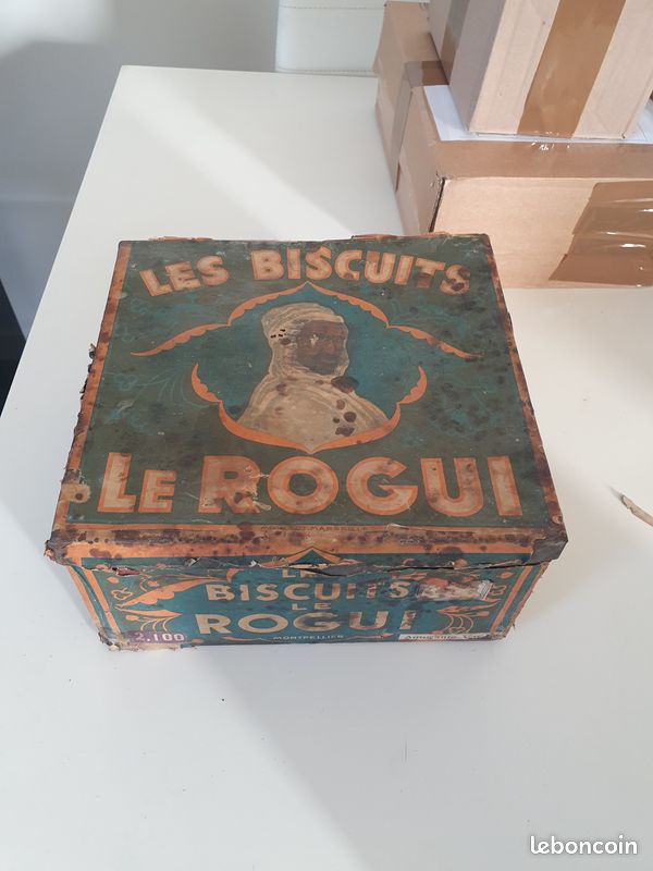 Ancienne boîte à biscuits en métal publicitaire, les biscuits le ROGUI (image 1)