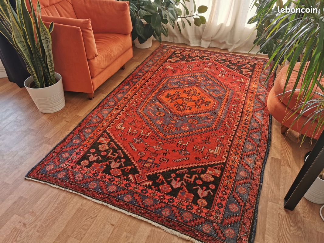 Grand Tapis Persan Vintage Fait Main – 302x198 Cm, Laine Et Coton, Motif Oriental Vert