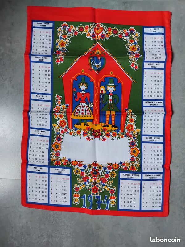 Torchon calendrier en coton, vintage, année 1974