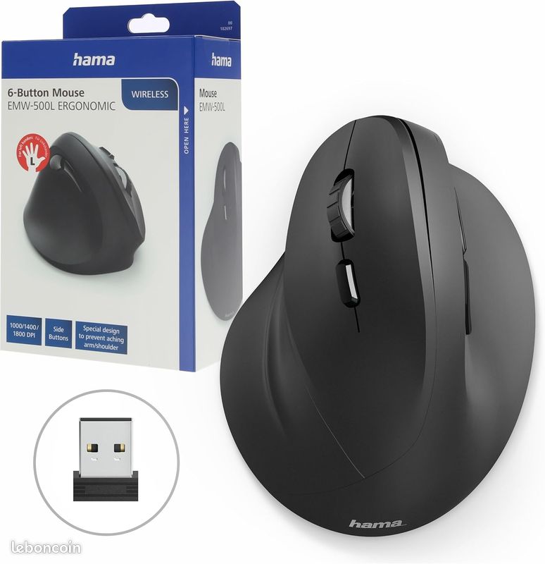 Hama EMW-500L Souris Verticale Ergonomique sans Fil - Technologie 2.4Ghz, Capteur 1800 dpi, Technologie Smart-Link, Gaucher/e - Noire Neuve (image 2)