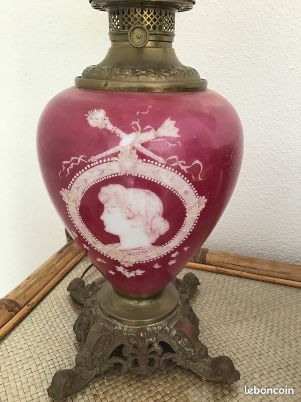 ANCIEN PIED DE Lampe En Bronze Porcelaine Paris Guirlandes De Roses 4
