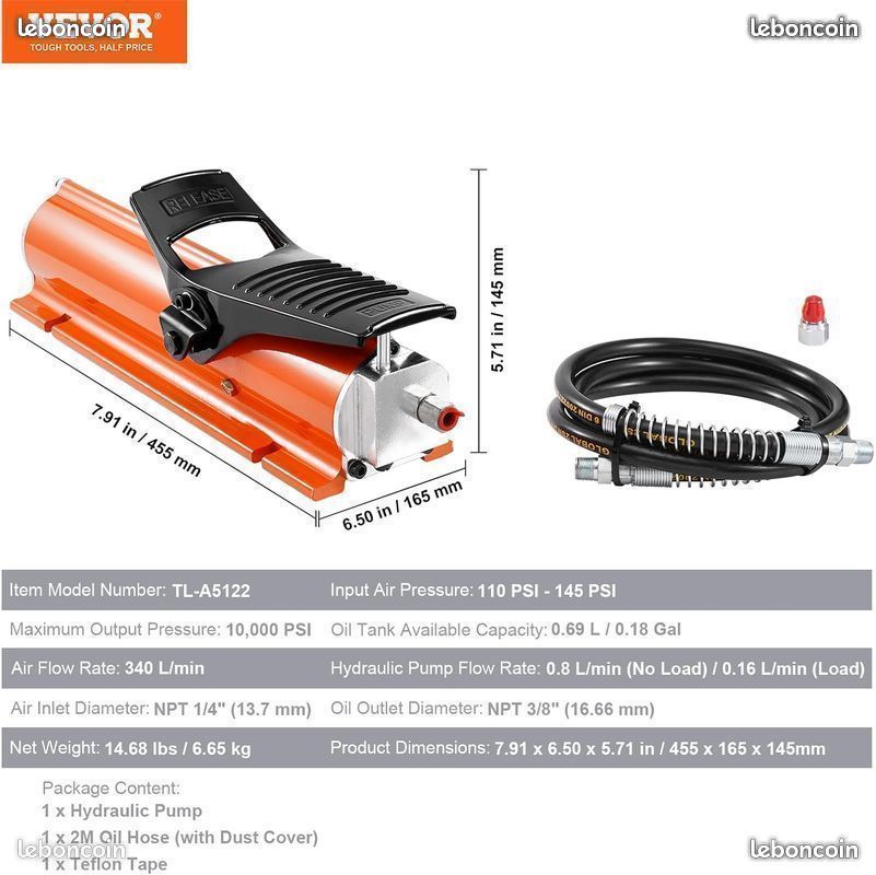 Pompe hydraulique pneumatique VEVOR 10000 PSI – Commande au pied – Neuve (image 5)